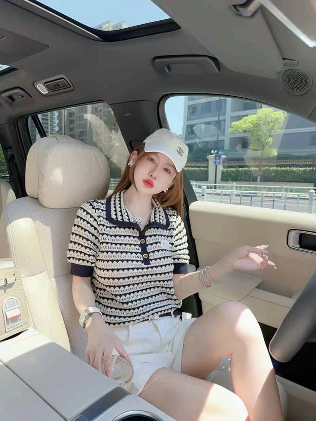 New Style Fashion Temperament Versatile Slim Knitted Sweater Lapel Striped Age-R