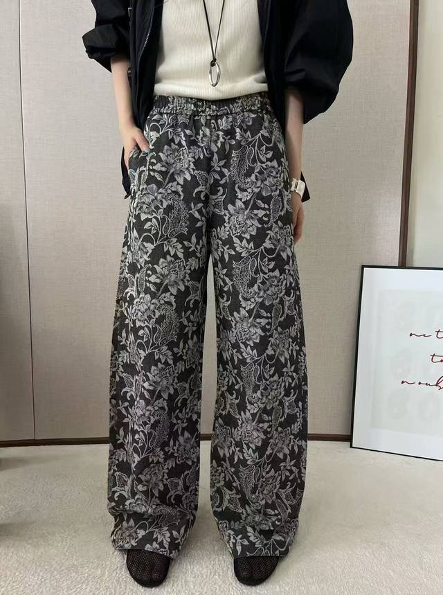 Artistic Style Retro Print Drape High Waist Wide Leg Pants New Commuter All-Matc