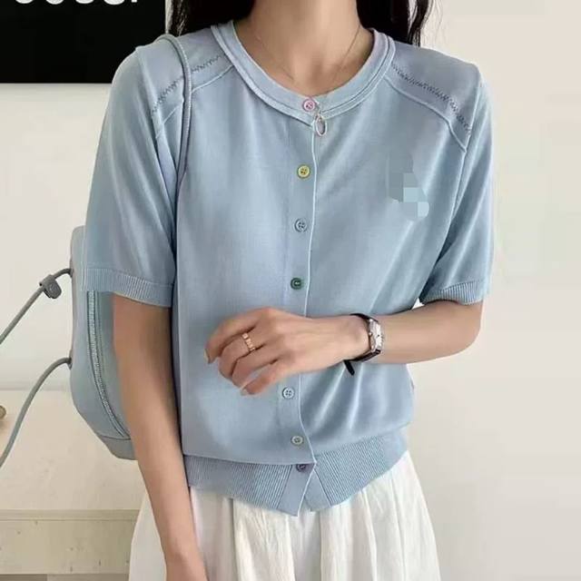 New Color Button Tencel Short-Sleeved Round Neck Knitted Cardigan New Cardigan J
