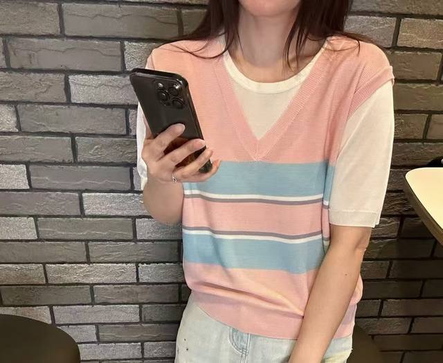 Casual Age-Reducing Embroidery Color Matching Fake Two-Piece Pullover Tencel Kni