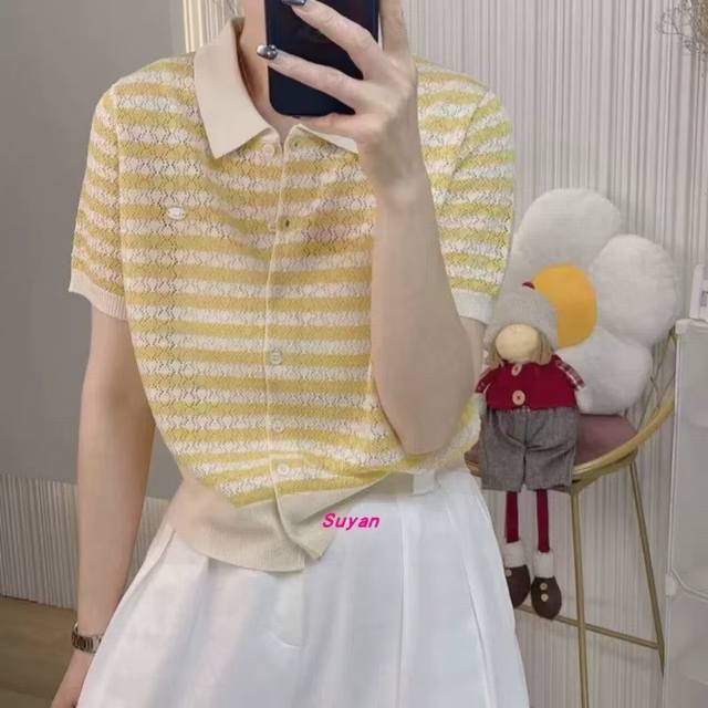 Spring And Summer New Thin Grid Stripe Design Tencel Knitted Short Sleeves Knitt