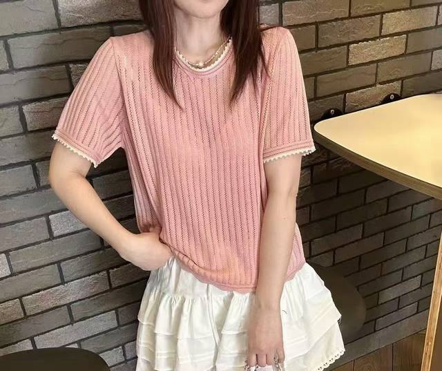 Spring And Summer New Thin Mesh Hollow Design Tencel Knitted Short Sleeves Round