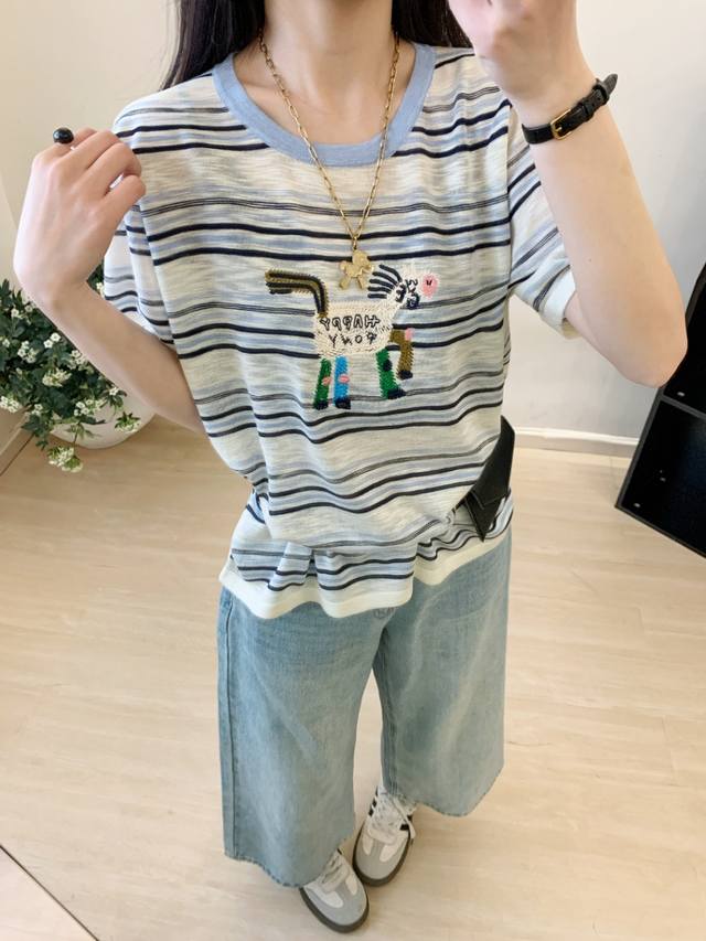 Cartoon Embroidered Pony Short Loose Casual Striped T-Shirt Korean Style All-Mat