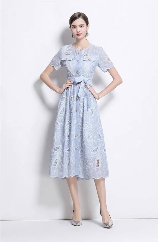 ss Buttoned Waist Hollow Dress Size M Shoulder Width 36 Sleeve Length 22 Bust