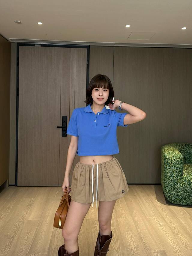 Top Skirt Miu New Arrivalknitted Cotton Polo Shirtblue Cotton Pique With Contras