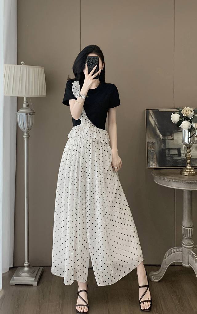 Summer Contrast Color Lace T-Shirt Polka Dot Skirt Pants Suit Fabric Cotton Poly