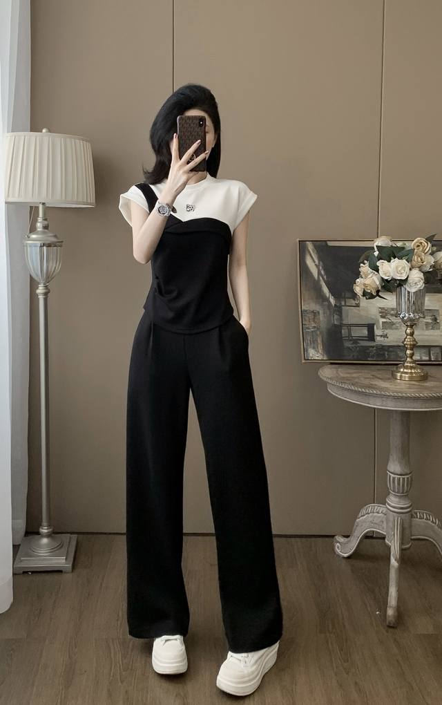 Summer Contrast Color T-Shirt Trousers Suit Fabric Cotton Polyester. Spandex 86.