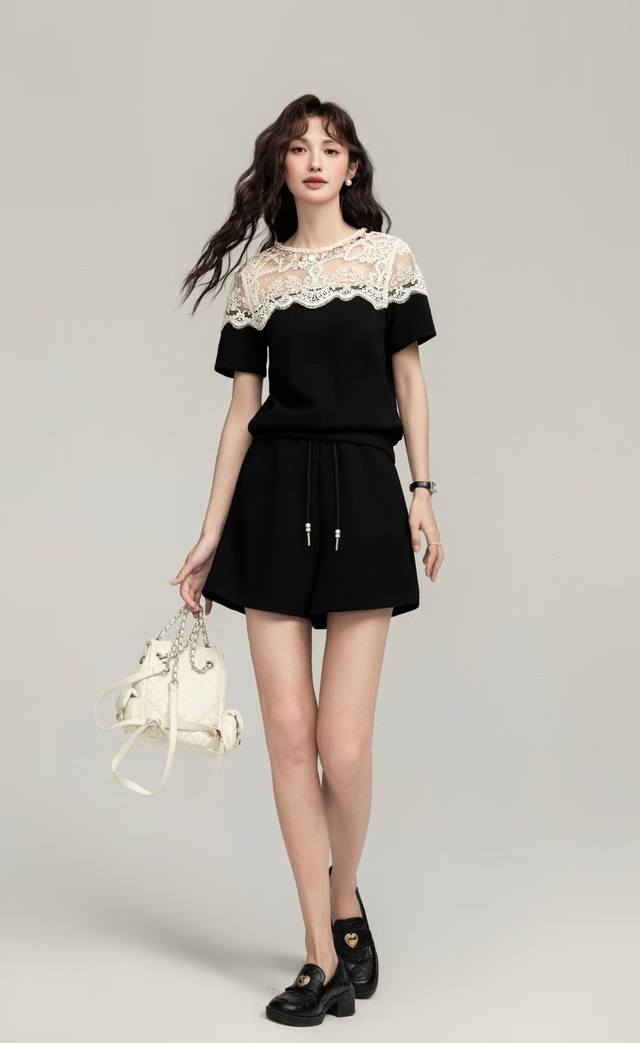 Summer Lace Patchwork T-Shirt Shorts Set Fabric: Cotton Polyester. Spandex 84.51