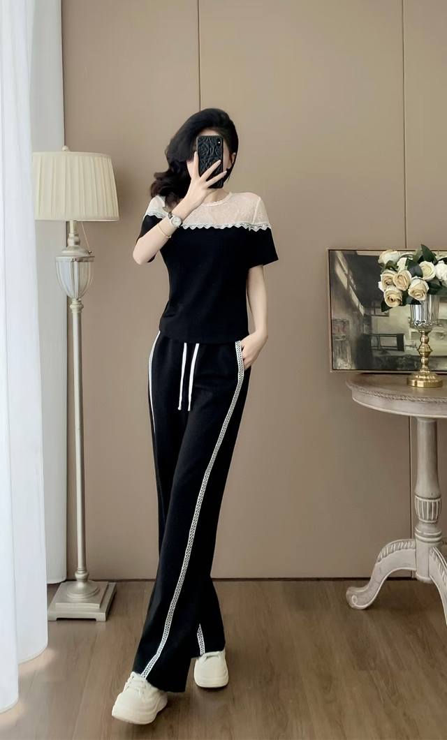 Summer Lace Patchwork Top And Trousers Suit. Fabric: Cotton, Polyester, Spandex