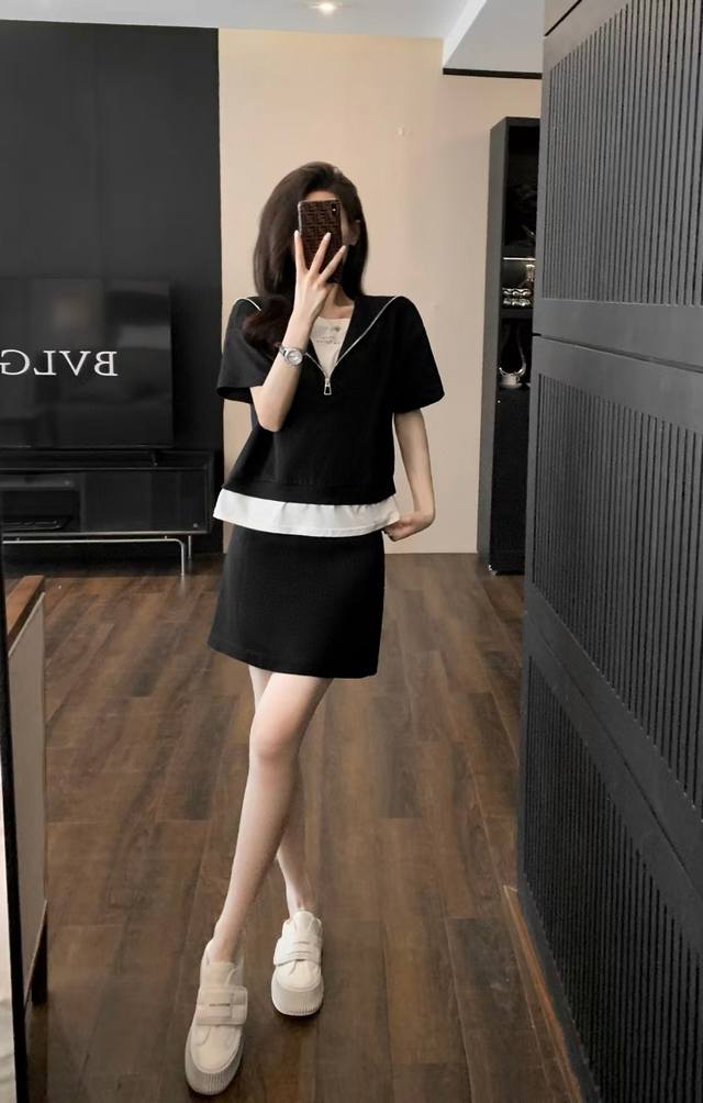 Summer Fake Two-Piece Top And Skirt Suit Fabric: Cotton, Polyester, Spandex 112.