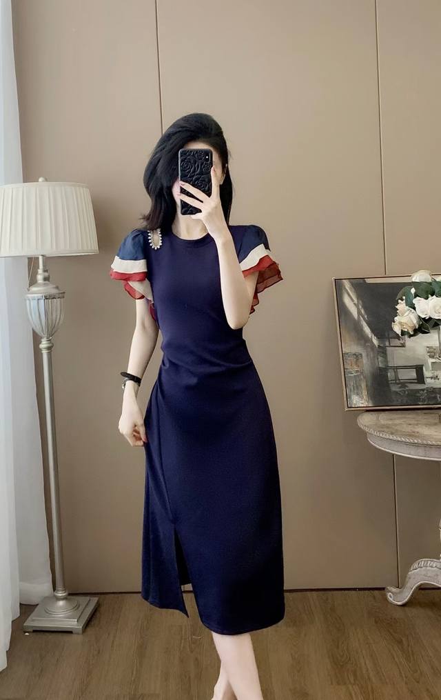 Summer Contrast Color Lotus Leaf Sleeve Dress Fabric Cotton Polyester. Spandex 8