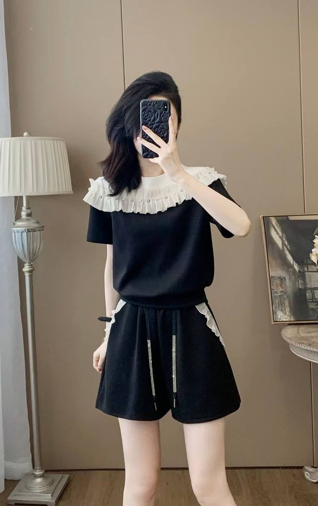 Summer Lace Beaded Top Shorts Suit Fabric Cotton Polyester. Spandex 94.52.60.39