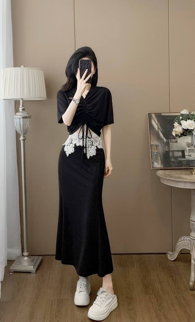 Summer Drawstring Top Lace Waist Skirt Suit Fabric: Cotton Polyester. Spandex 10