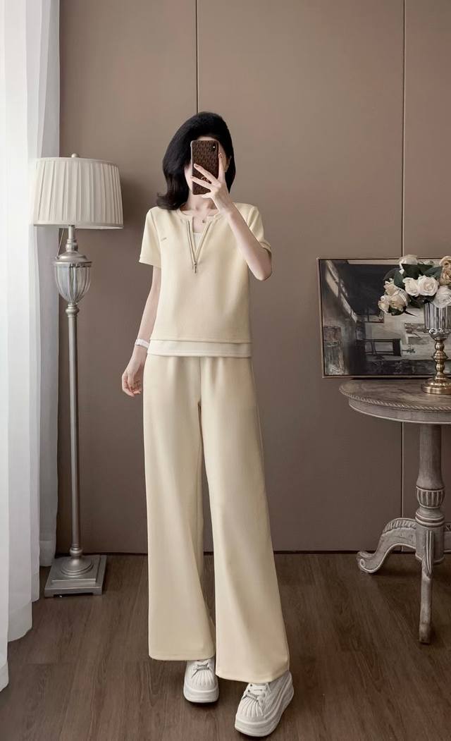 Summer Short-Sleeved Top And Trousers Suit Fabric: Cotton, Polyester, Spandex 92