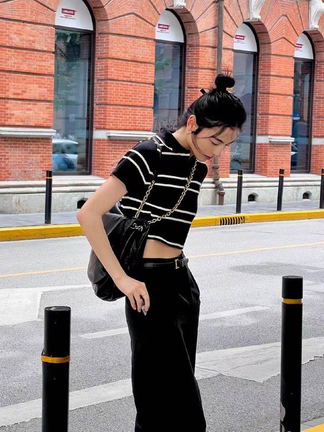 ysl Short Polo Shirt With Stripes And Cassandre Embroidery On The Chest. Thre