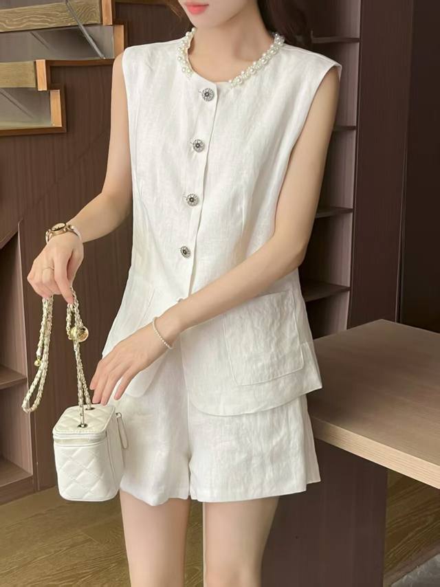 Heavy 100% Linen Beaded Vest + Shorts Two-Piece Set Sleeveless Vest And Shorts A