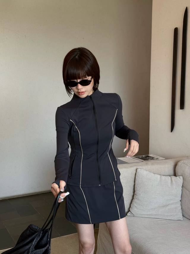 Summer Contrasting Lines Slim Skirt Yoga Casual Suit Small Stand-Up Collar Desig