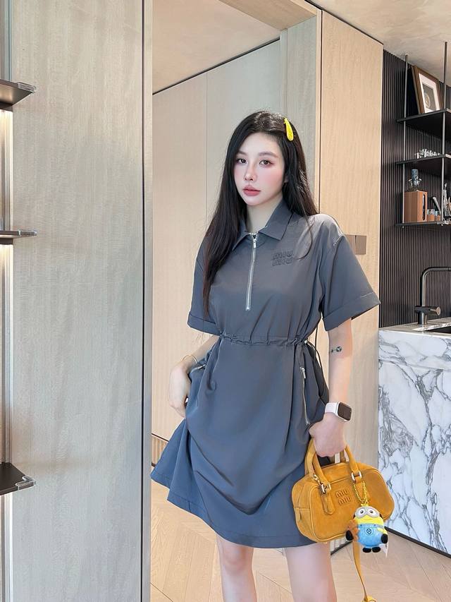 miumiu Summer New Style Lapel Dress With Embroidered Letters Logo On The Ches