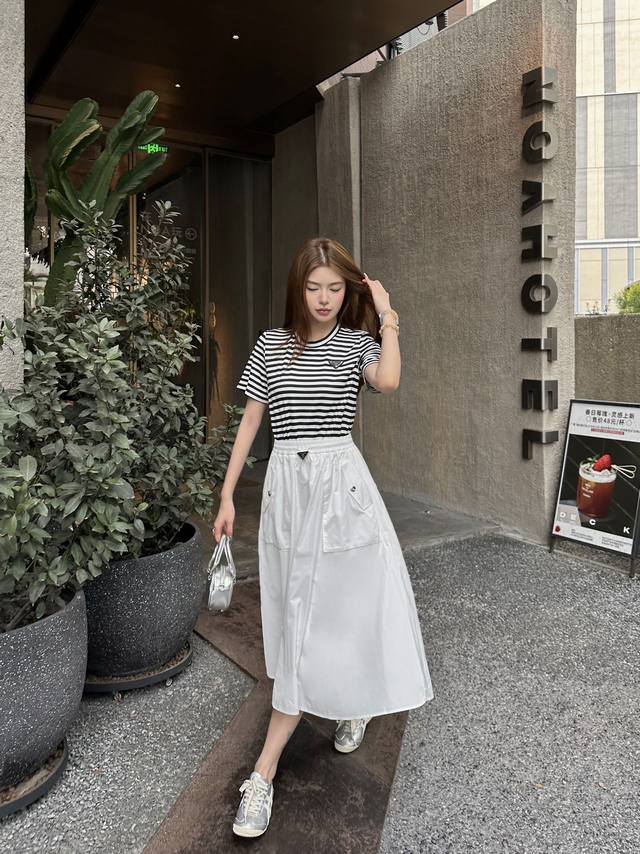 prada* New Style Dress Striped Stitching Design Waist Slimming Classic Triang