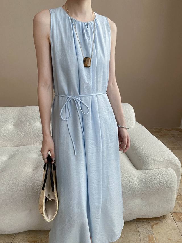 Gentle Atmosphere French Pleated Round Neck Tie Waist Slim Sleeveless Vest Dress