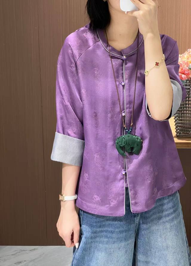 Exclusive Woven Gold Koi Five-Point Sleeves, Reversible Single-Layer Silk Jacket