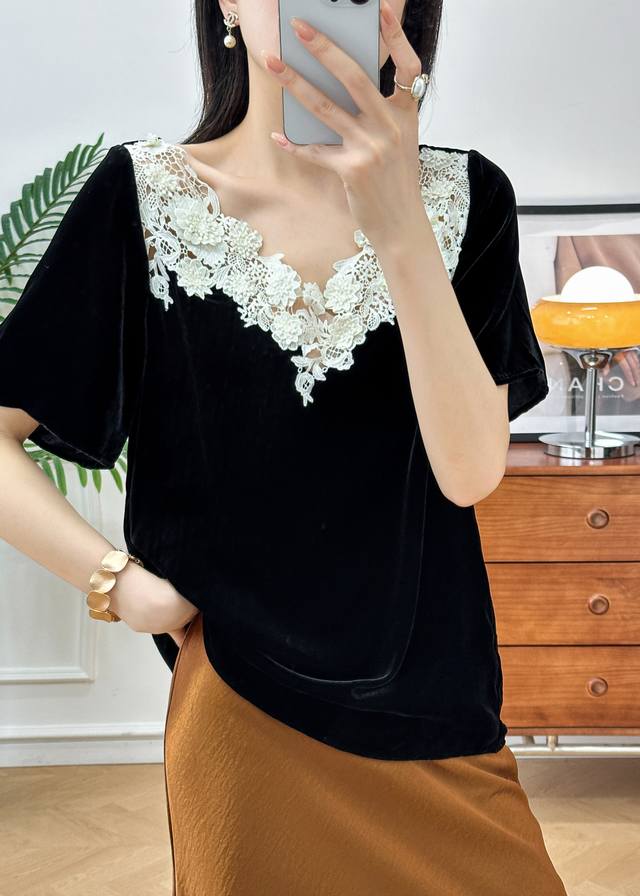 Original New Silk Velvet Lace Stitching V-Neck Short-Sleeved Fashion T-Shirt Col
