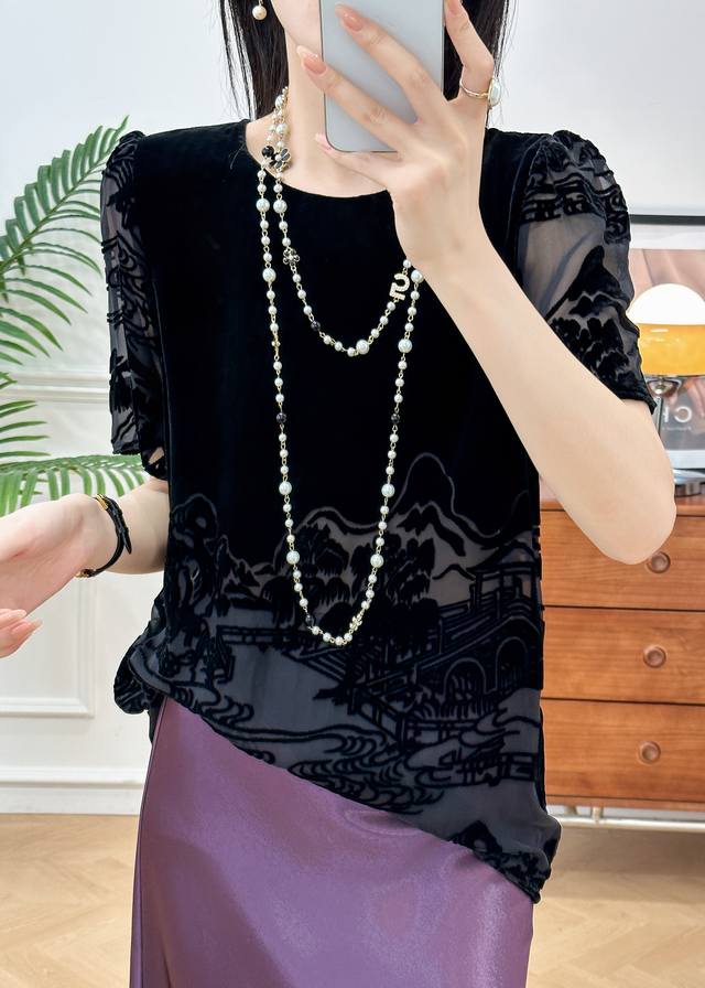 New Retro High-End Feeling ~ Landscape Painting Flocking Burning Loose Round Nec