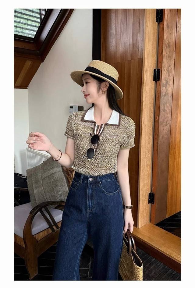 Niche Design Lapel Contrast Color Tops For Women Summer New Short Sleeves Unique