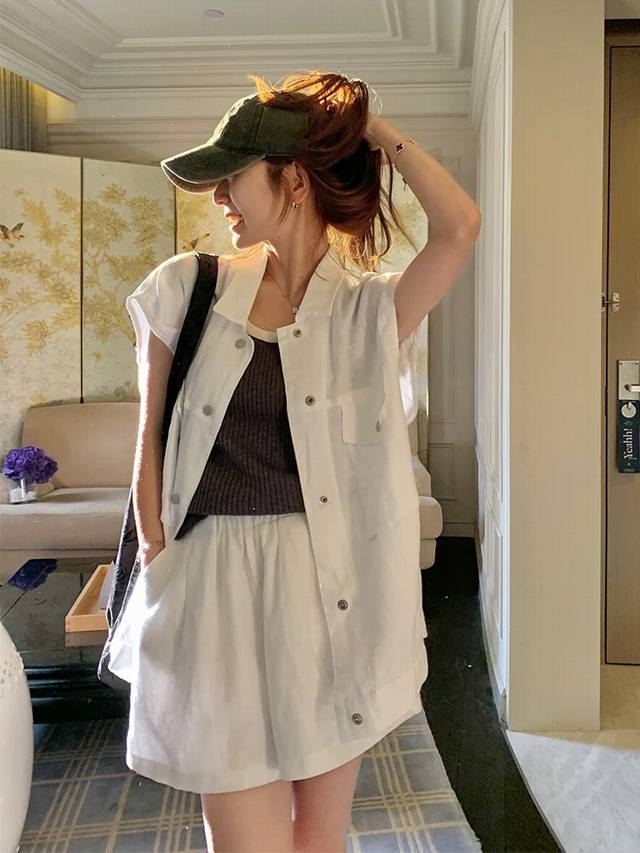 High-Quality Suit Sleeveless Loose Top + Elastic Waist Loose Shorts Two-Piece Su