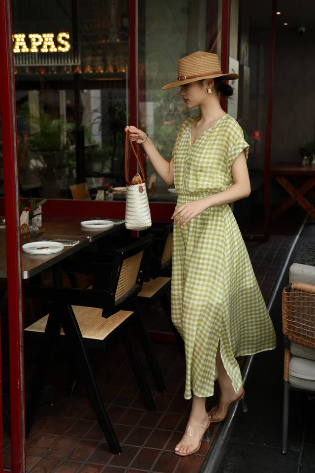 Hot Sale Green Plaid Silk Dress Elastic Waist And Hem With Lining 100% Mulberry