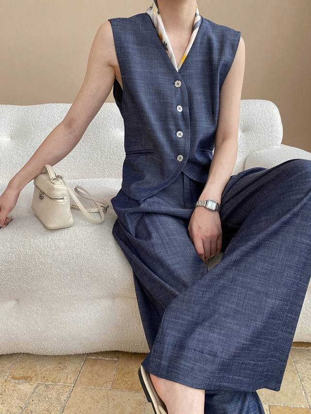 High-End Old Money Accent French Retro Tencel V-Neck Suit Vest Wide-Leg Pants Su