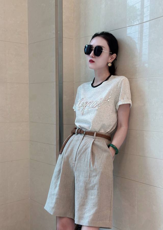 Simple And Handsome Heavy Embroidery Beaded T-Shirt Top + 100% Linen Shorts Suit