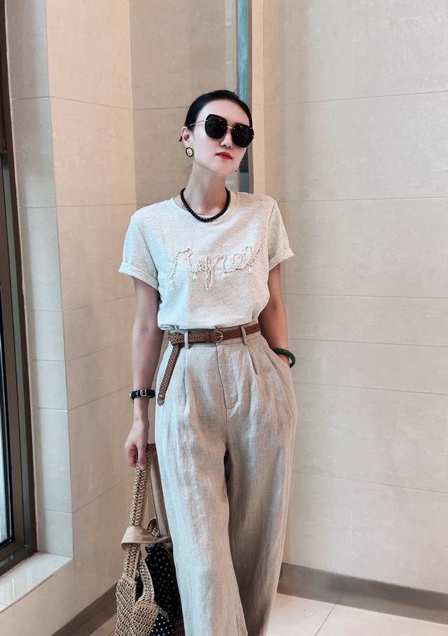 Heavy Beaded T-Shirt Top + Pure Linen Straight Wide-Leg Pants Set A Popular Belt