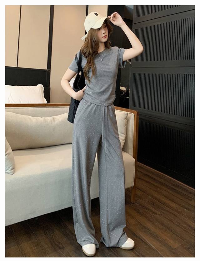 European Goods Casual Sports Suit Female Summer New Heavy Diamond Inlaid Shiny S