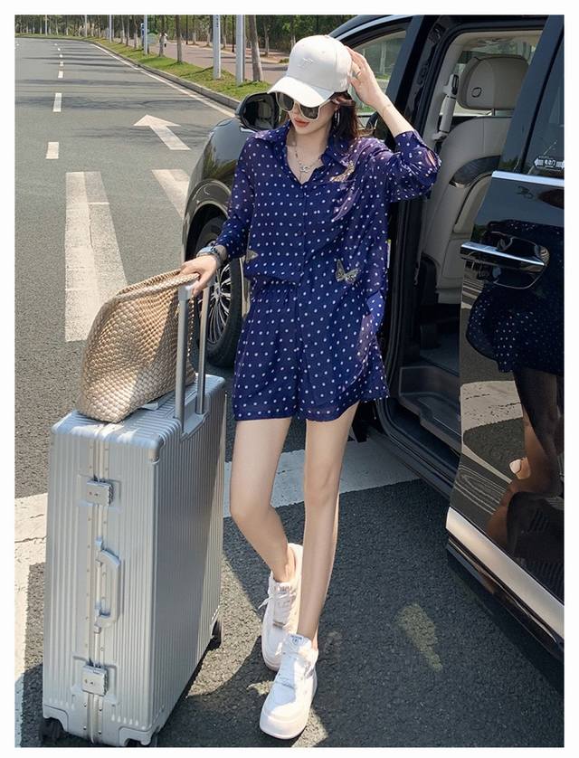 Casual Sports Suit Female Summer New High-End Blue Polka Dot Long-Sleeved Sunscr