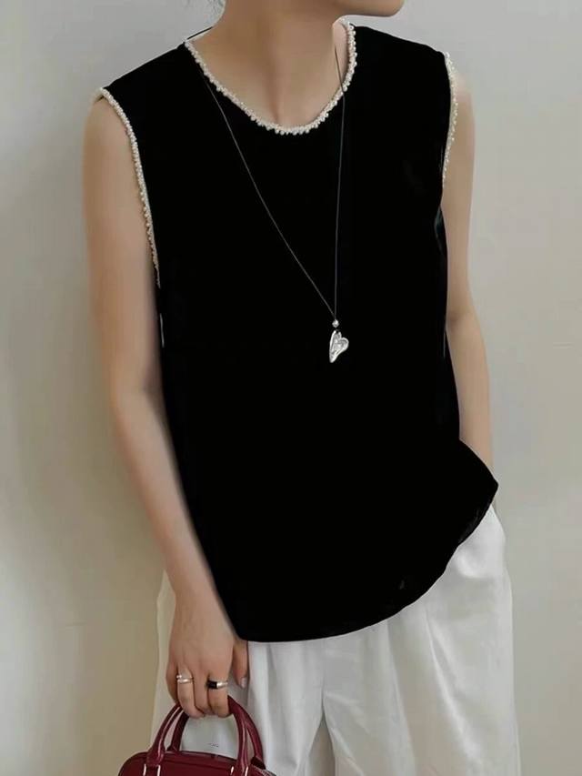 Silk Velvet Vest With White Pearl Chain S Xl