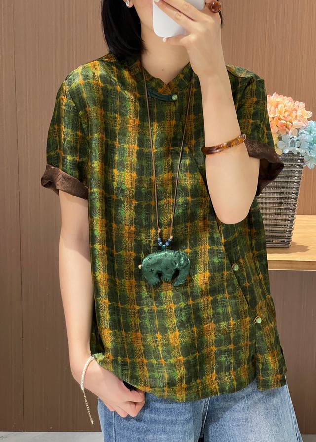 Silk Short Sleeve Printed Xiangyunsha Top S Xl