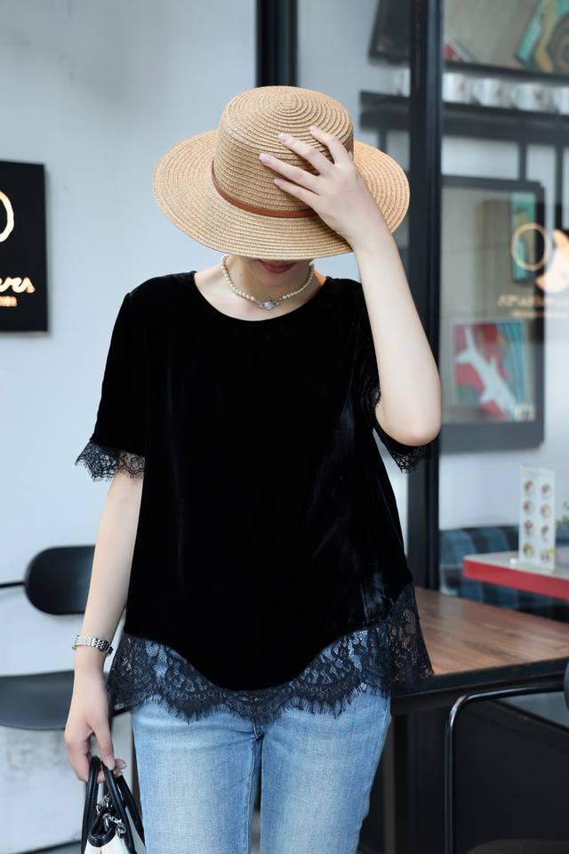 New Style Design Wave Edge Stitching Lace Top Material 100% Silk Velvet Size S-X