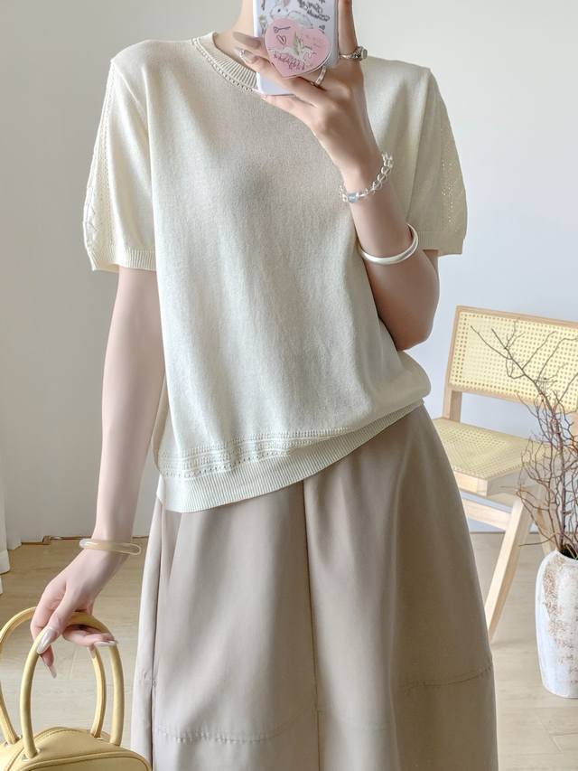 High-Grade Pure Color Hollow Thin Short-Sleeved Knitted Sweater Temperament Wais
