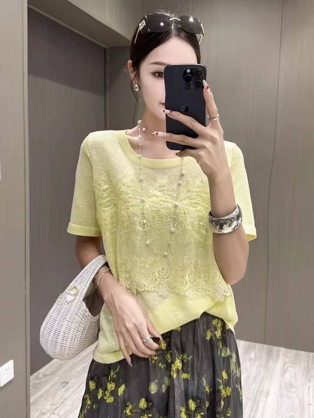 French Retro Jacquard High-End White Round Neck Short-Sleeved Bamboo Linen New T