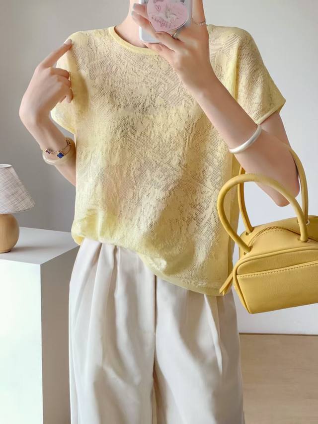 3D Dark Flower Texture Hollow Pullover Short Sleeve Round Neck Loose Slim T-Shir