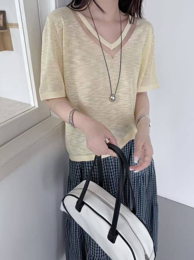 European Goods New Thin Breathable V-Neck Mesh Splicing Linen Ice Silk Short-Sle