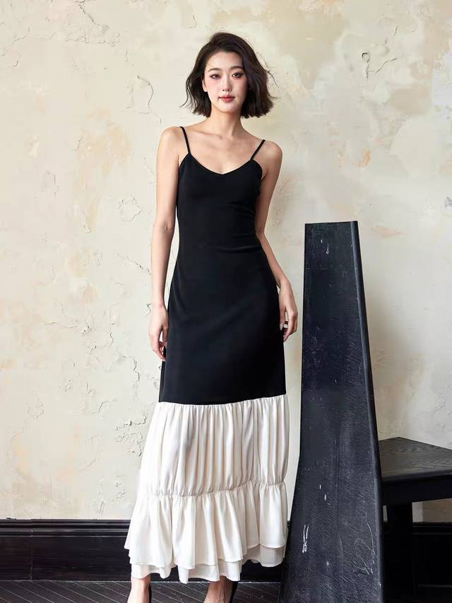 Effortlessly Beautiful Black Suspender Skirt Roman Cotton Splicing Georgette Is