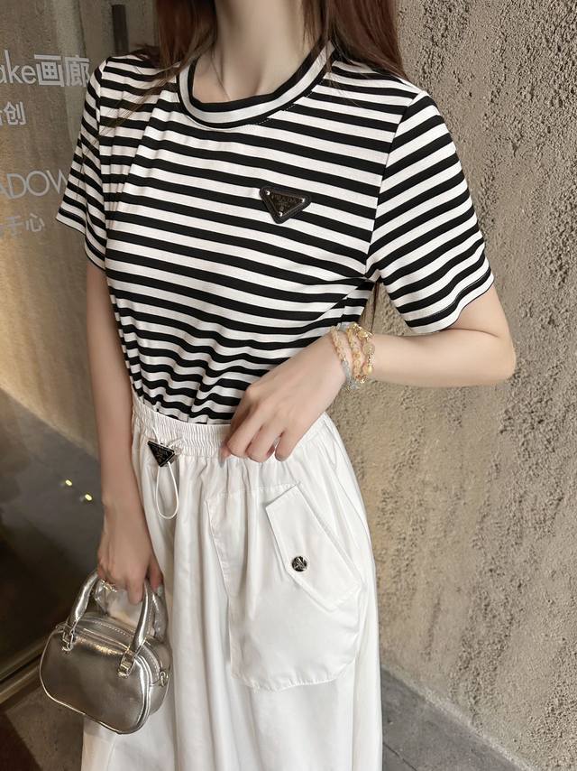 prad* 25Ss New Round Neck Dress Striped Upper Body Stitching Design Classic T
