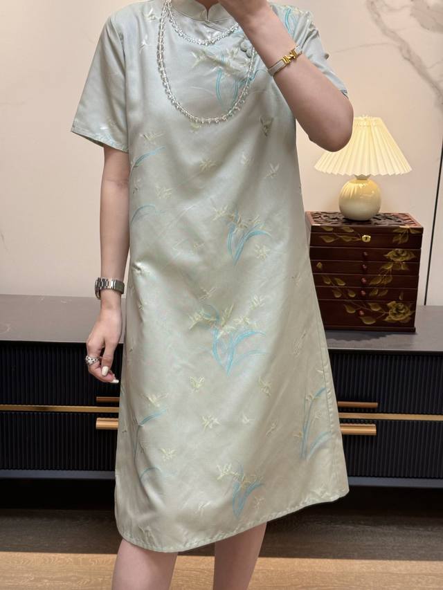 Heterochromatic Silk Orchid Grass Cheongsam Skirt S- Xl