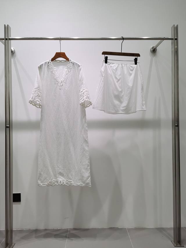 Linen Heavy Embroidery Dress With Bottoming Skirt White Smlxl