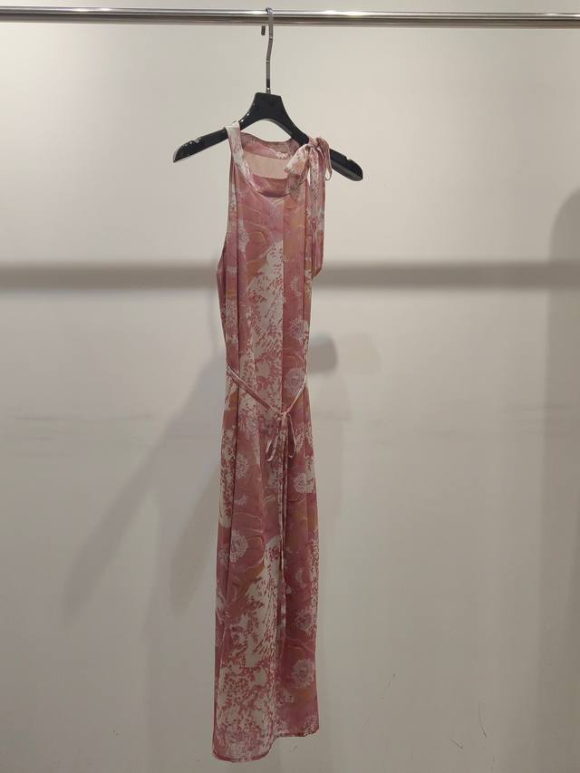Tencel Linen Sleeveless Halter Neck Holiday Style Lace-Up Printed Dress S-Xl
