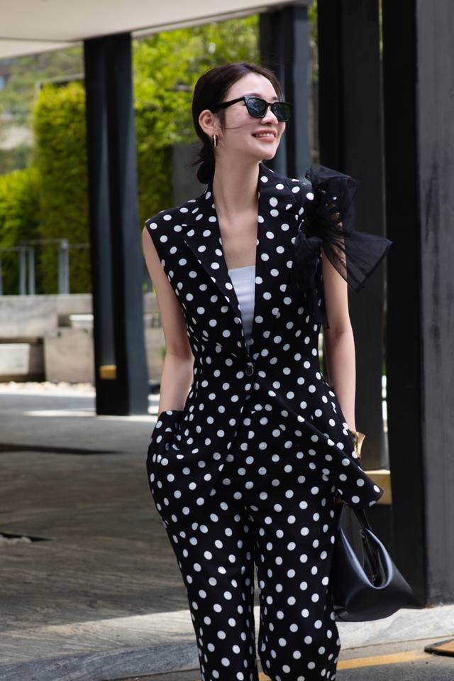 New Metropolitan Lady Polka Dot Retro Bowknot Mesh Top Straight Pants Set Smlxl
