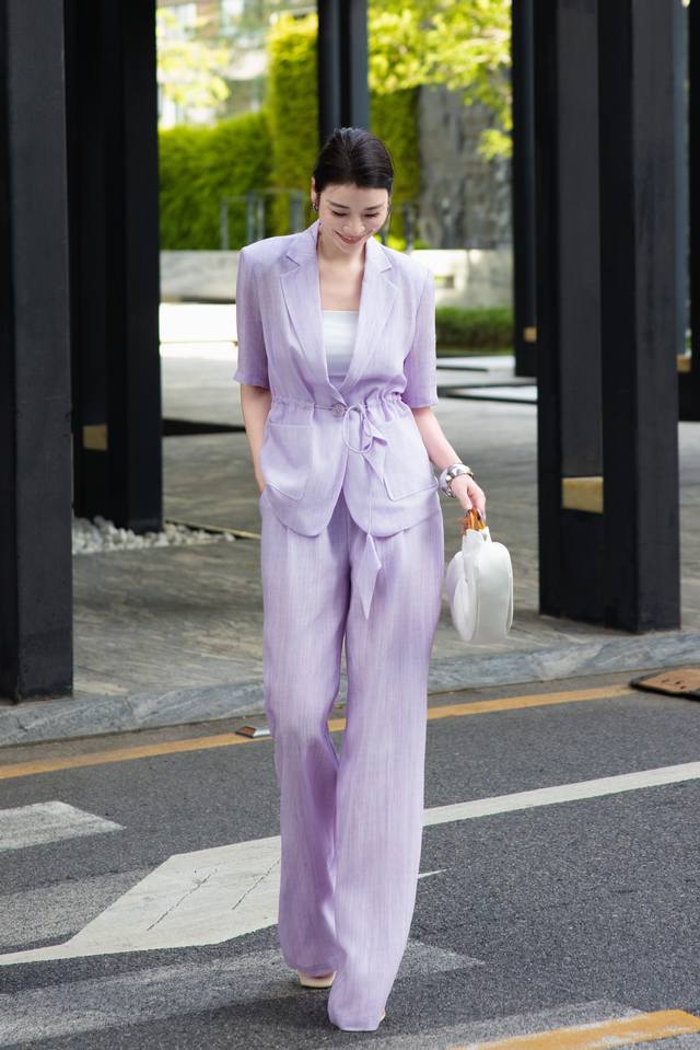 Summer Update Hot Style Recommended Color Linen Lace-Up Top Wide-Leg Pants Suit