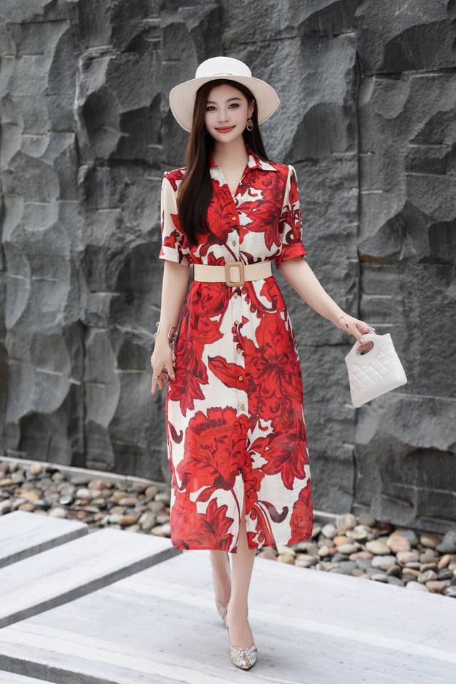Summer New European And American Brand Tencel Linen Red Print Shirt Dress Materi